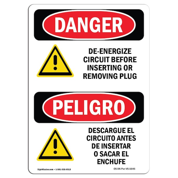 Safety Sign, OSHA Danger, 5" Height, De-Energize Circuit Bilingual Spanish, 10PK